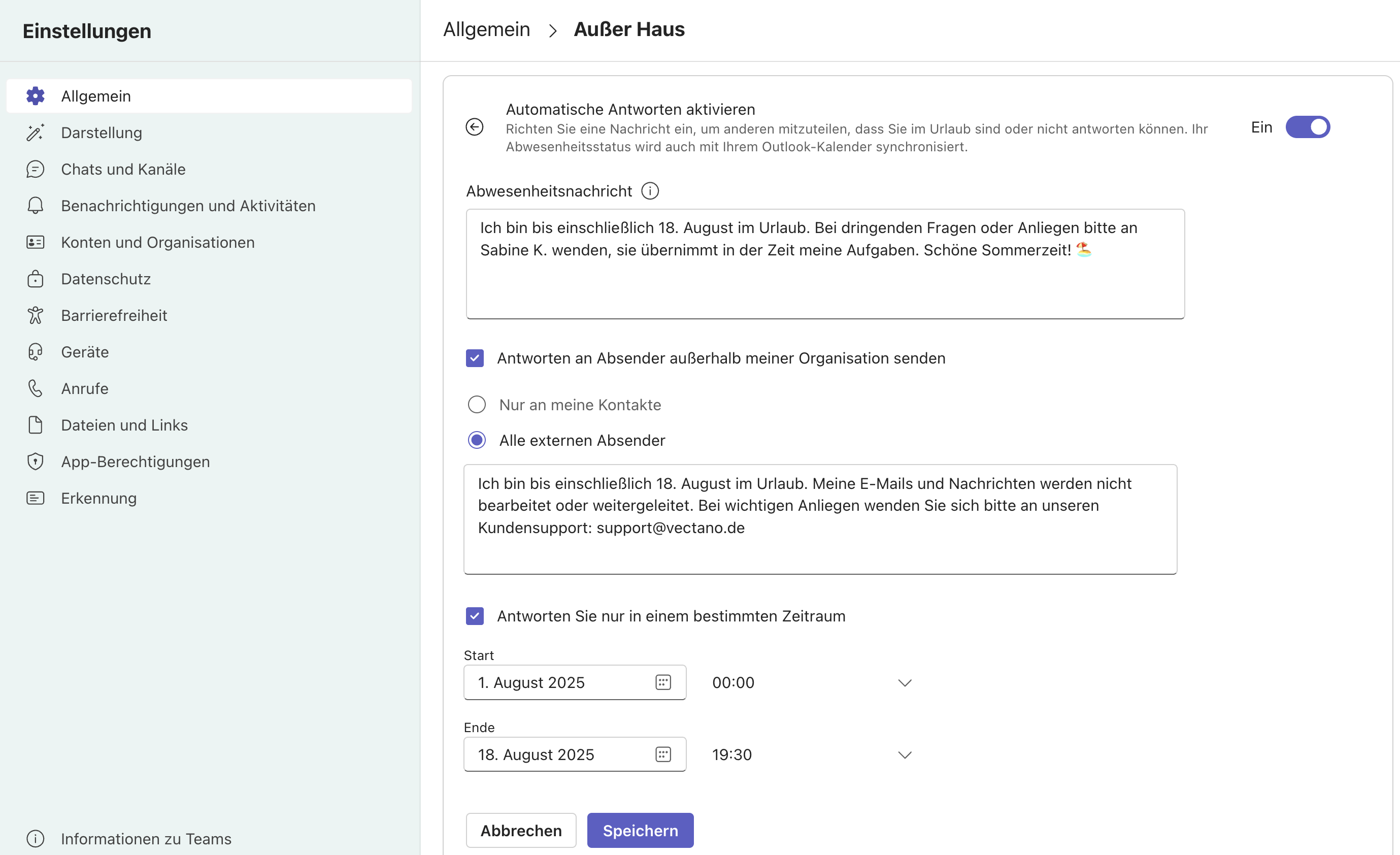 Status in Teams und Outlook Abwesenheit
