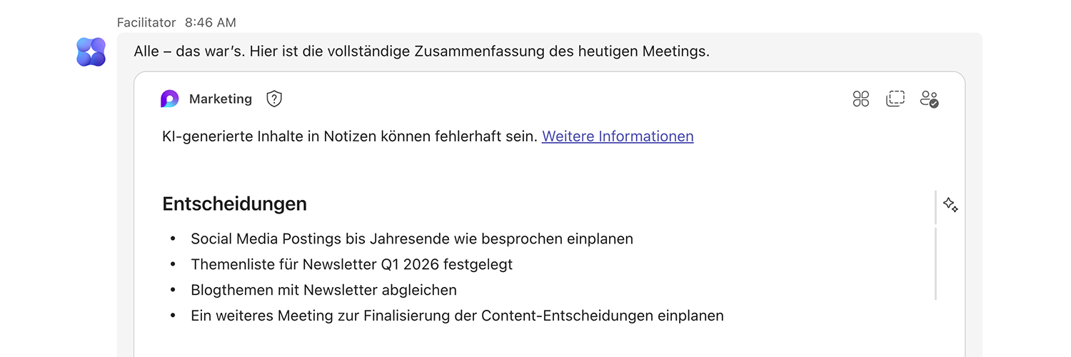 Facilitator in Teams Zusammenfassung am Ende des Meetings